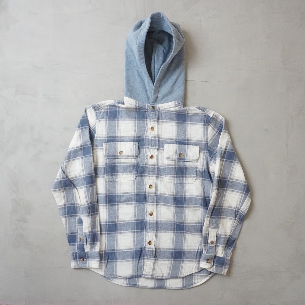 Old Navy Mens Blue White Plaid Double-Brushed Flannel Hooded Shirt Medium 8231
